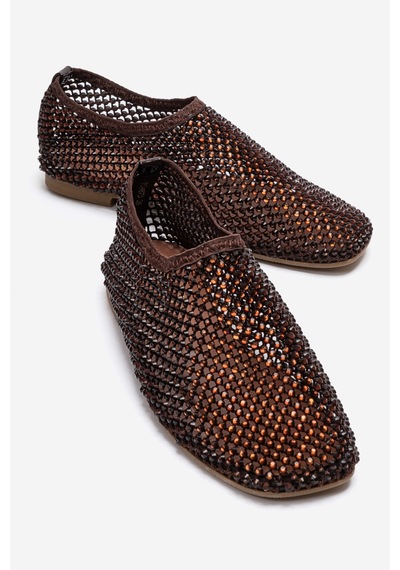 Luvishoes Urela Kahverengi Örgü Taşlı Hakiki Deri Kadın Babet Ayakkabı