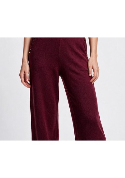 On Kadın Yüksek Bel Geniş Paça Dokulu Kumaş Pantolon Bordo
