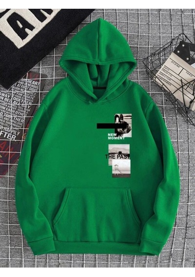 New Moment Sweatshirt - Yeşil Baskılı Oversize Kapüşonlu Yeşil