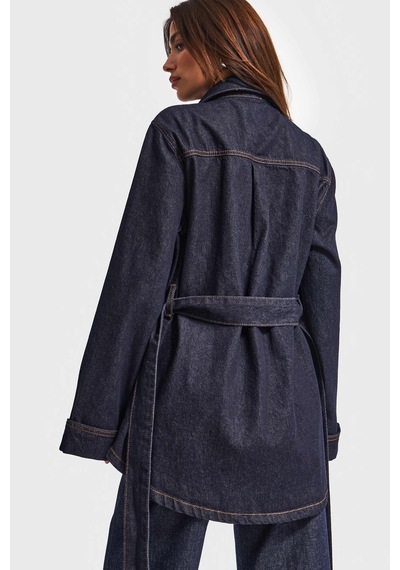 Kadın İndigo Renk 7w5-50 Kemer Detaylı %100 Koton Denim Trençkot