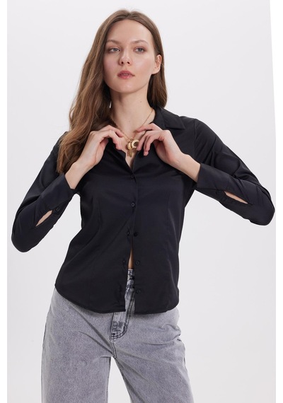 Tudors Kadın Slim Fit Dar Kesim Klasik Yaka Uzun Kollu Siyah Gömlek-40350 Siyah