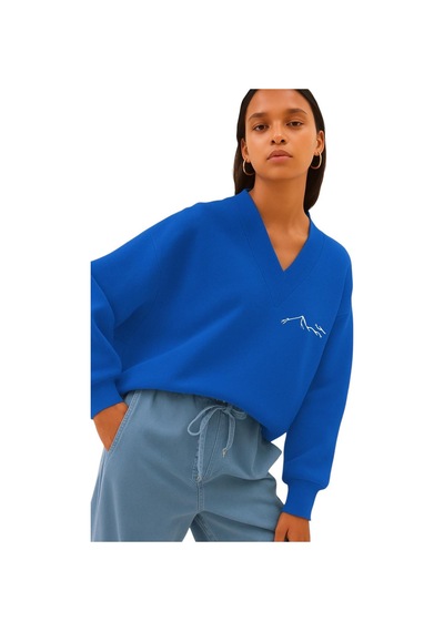 Benroma Dağ Baskılı Ünisex V Yaka Sweatshirt Saks Mavisi