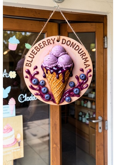 Blueberry Dondurma Görselli İpli Ahşap Kapı Ve Duvar Süsü, Cafe, Dondurmacı Tabelası