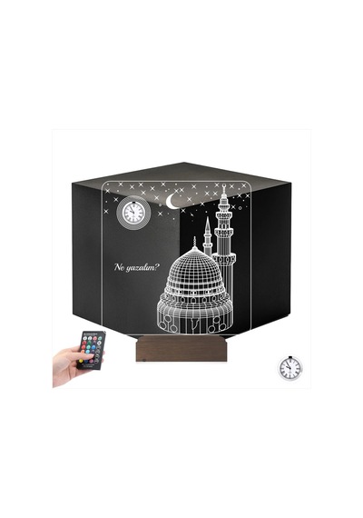Luvivia Cami Tasarımlı Kişiye Özel Metal Saatli 3d Lamba - Masa Gece Lambası Şeffaf