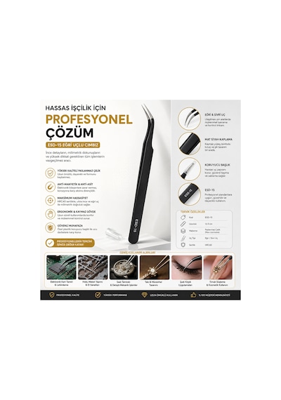 Esd-15 Eğri Uçlu Hassas Profesyonel Cımbız Anti-manyetik Paslanmaz Çelik 12.5 Cm