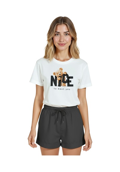 Kadın Beyaz Relaxed Fit %100 Pamuk Tişört Teddy Bear & Nice To Beyaz