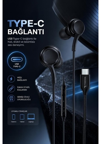 Premium Çağrı Gereci Müzik Dinleme Ses İletimi Kablolu Kulaklık Type-c S11+ Siyah S11+