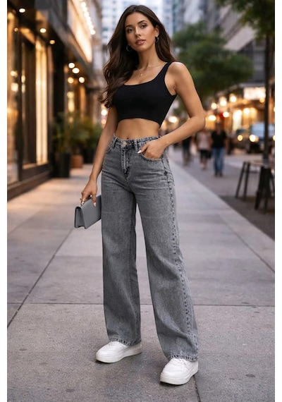 Woddi Zofya Den Kadın Füme Salaş Likralı Kot Pantolon Jean New-1