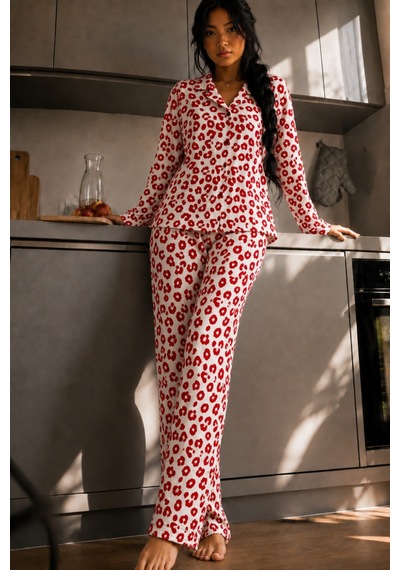 Fit Women Kadın Düğmeli Gömlek Yaka Ev Giyimi Kırmızı Pijama Takımı