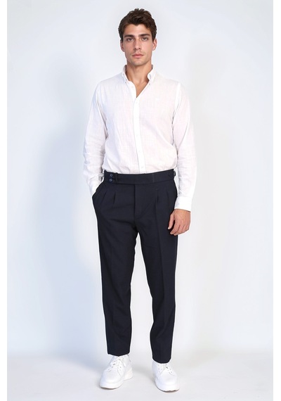 Lacivert Çift Pileli Tokalı Yüksek Bel Slim Fit Pantolon Wessi Lacivert