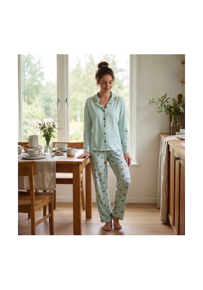 Pijamoni Kadın Premium Milan Kumaş Gömlek Yaka Uzun Kollu Pijama Takımı Su Yeşili Desenli Pijamoni Kadın Premium Milan Kumaş Gömlek Yaka Uzun Kollu Pijama Takımı Su Yeşili Desenli