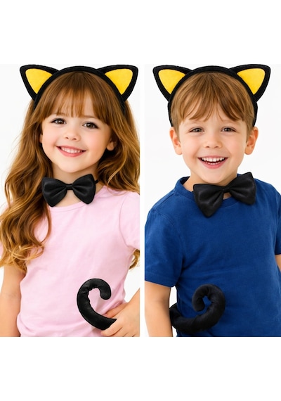 Sarı Kulaklı Kedi Kostüm Seti Taç Papyon Kuyruk 3 Parça 5680