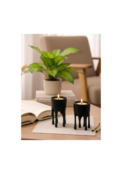 Exepazar Eriyen Form Tasarımlı Modern Dekoratif Tealight Mumluk Seti 2 Adet Mumluk Ve 2 Adet Tealight Siyah