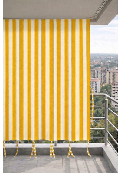 Sarı-beyaz Balkon Perdesi Kornişli Bağcıklı Su Geçirmez Dış Mekan Dayanıklı Modern Balkon Brandası