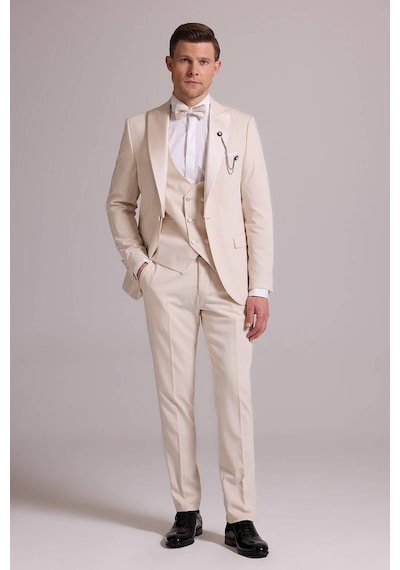 Ysf Erkek Krem Slim Fit Kırlangıç Yaka Yelekli Damatlık