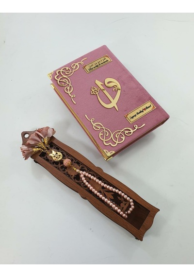 Mevlid Seti Kuranı Kerim Orta Boy Gül Kurusu Kadife