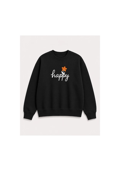 Herkesemoda Happy Baskı Detaylı Şardonlu 2 İplik Bisiklet Yaka Sweatshirt Siyah