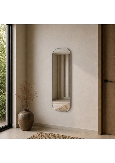 Modern Oval Boy Aynası 40x120 Cm Yuvarlak Hatlı Minimalist Dekoratif Duvar Aynası 2026 Trend Gümüş