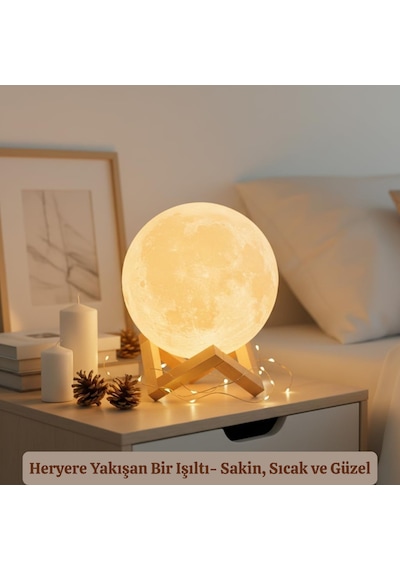 Hpytech Dekoratif Dolunay Gece Lambası + Stand Hediyelik Loş & Sıcak Ay Işığı Beyaz
