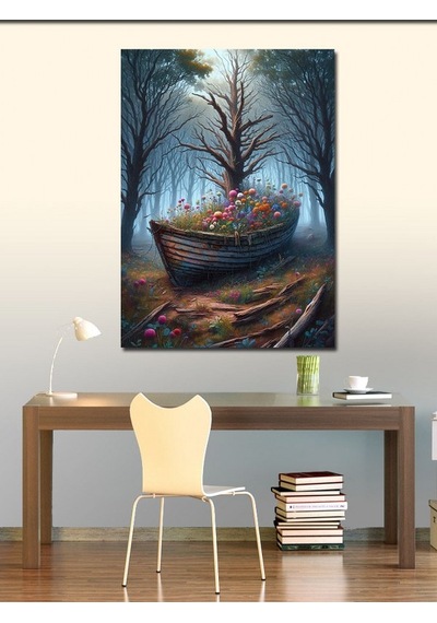 Kanvas Tablo Ahşap Tekne Ve Çiçekler 50cmx70cm