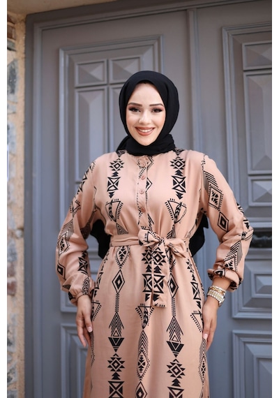 Hira Life Fashion Kadın Tesettür Geometrik Desen Önü Düğmeli Ve Bel Kuşaklı Viskon Elbise Vizon Vizon Hira Life Fashion Kadın Tesettür Geometrik Desen Önü Düğmeli Ve Bel Kuşaklı Viskon Elbise Vizon Vizon