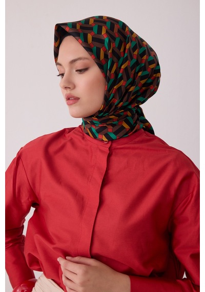 Belli Geometrik Desen %100 Twill İpek Eşarp Be07 Kahverengi-hardal