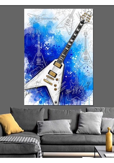 Ahşap Tablo Fly Kasa Elektro Gitar Ve Mavi Arka Fon