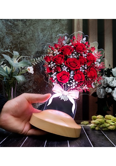 Kırmızı Güller Aşk Buketi Led Lamba Kadına, Eşe Ve Sevgiliye Romantik Hediye, Işıklı Solmayan Gül Çiçek Buketi