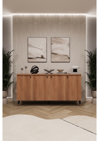 Asra Trend 4 Kapaklı Konsol KNSL01 %100 MDF Metal Ayaklı Çok Amaçlı Dolap Petra