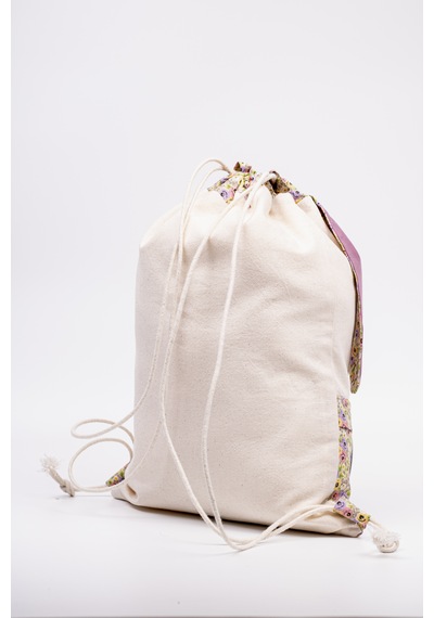 Fabric Craft Bag Çocuk Sırt Çantası Çiçek Desenli Figürlü Bez Model 33x44 Cm Astarlı Krem - Mor