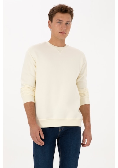 U.S. Polo Assn. Erkek Comfort Fit Bisiklet Yaka Şardonlu Krem Basic Sweatshirt 50313757-VR256