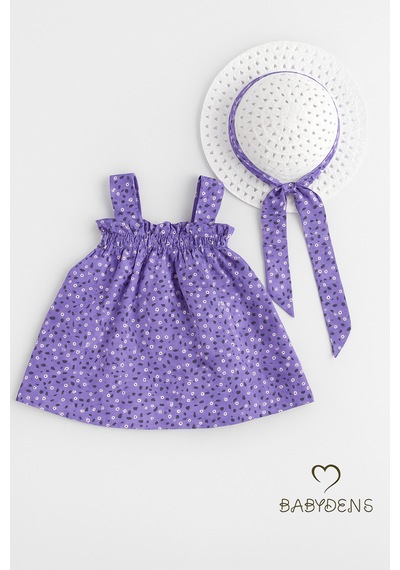 Babyden's Kız Bebek Çiçek Desenli Fiyonklu Yazlık Elbise Ve Şapka Takımı Pamuklu 9-36 Ay Yazlık Bebek Kombini Mor