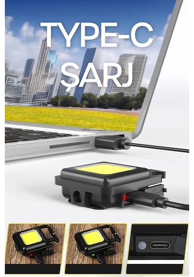 4 Mod Şarjlı Anahtarlık El Feneri Mini Boy Karabina Askılı Cob Led Lamba Acil Durum Işığı 47741 Siyah