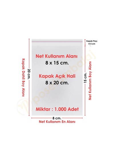 8x15+5 Cm. 8x20 1.000 Adet Şeffaf Bantlı Yapışkanlı Opp Poşet