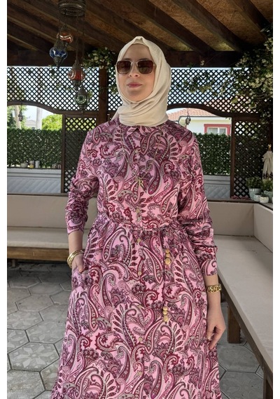 Rabia Şamlı Rengin Şal Desenli Gömlek Elbise Fuşya Normal