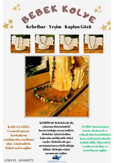 Sertifikalı Bebek Kehribar Kolye Kehribar - Yeşim - Kaplan Gözü Çok REnkli