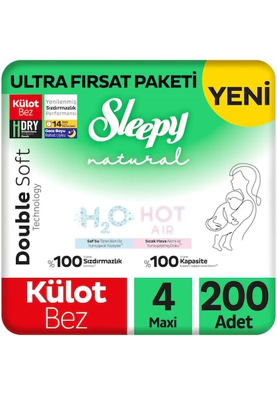 Sleepy Natural Double Soft Ultra Fırsat Paketi Külot Bez 4 Numara Maxi 200 Adet