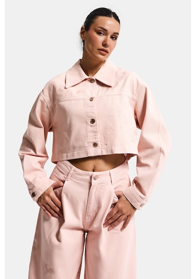it's basic Kadın Pudra Renk 6s6-20 Crop Fit Çiçek Nakış Desenli Özel Tasarım Denim Ceket