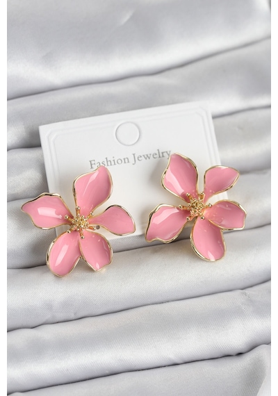 Pembe Mineli Çiçek Model Pirinç Kadın Küpe Altın