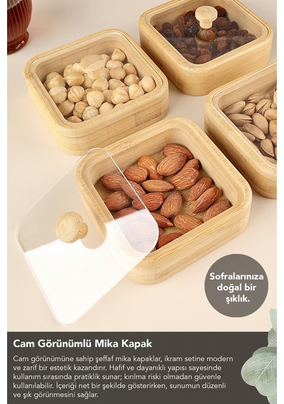2'li Kapaklı Bambu Çerezlik Seti - Kahve Yanı Sunum Kasesi Sunumluk Kahvaltılık Bambu Kase Bej