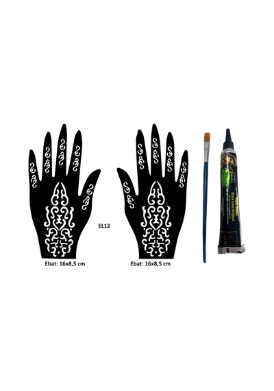 Airbrush Tattoo Tribal Dallar El Üstü Dövme Seti 2'li + Kına Kalıbı Siyah Kına + Fırça