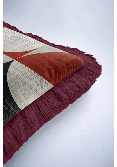 Geometrik Soyut Desen Saçaklı Yastık Kılıfı - Retro Eklektik Gri Siyah Bordo Püsküllü Kırlent Kılıfı Puslu Sahil Ritüel