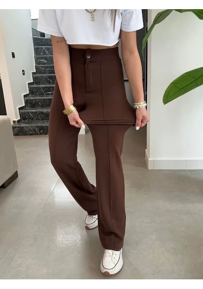 Defymoda Kadın Yüksek Bel Full Likralı Krep Kumaş Pantolon Kahve