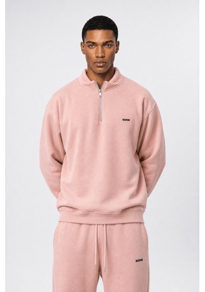 Erkek Respire Basic Half Zip Oversize Sweatshirt Pembe