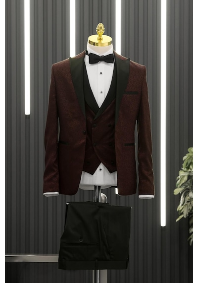 Slimfit Skinny Kesim Şal Desenli Sivri Sabit Yaka Yelekli Papyonlu Smokin Takım Elbise 001