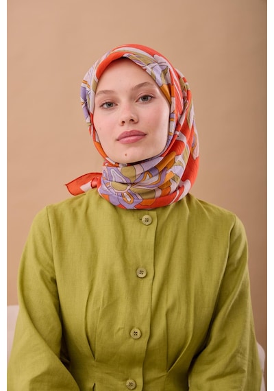 Silk Home Olinda İpek Eşarp 47003-17 Parlak Turuncu, Lila, Yağ Yeşili, Mor, Krem