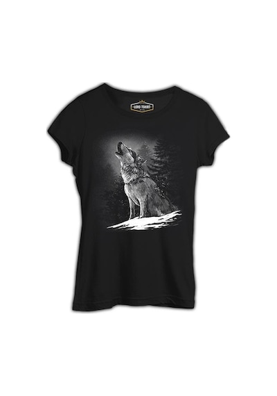 Wolf Howling At The Moon Realistic Siyah Kadın Tshirt 001