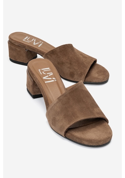 Luvi Shoes Delavıe Toprak Süet Hakiki Deri Kadın Kalın Topuklu Terlik