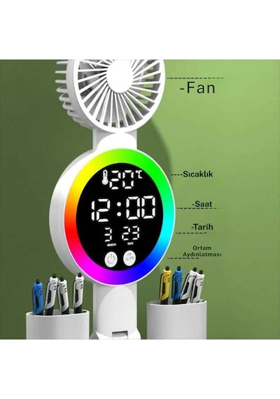 Monozone Rgb Yuvarlak Başlı Masa Lambası Fanlı Saatli 3renk Dokunmatik Şarjlı Kalemlik Telefon Standı Beyaz