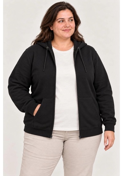 Moda Kadın Battal Büyük Beden Üç İplik İçi Şardonlu Kapüşonlu Tam Fermuarlı Kışlık Sweatshirt - Siyah Çok Renkli